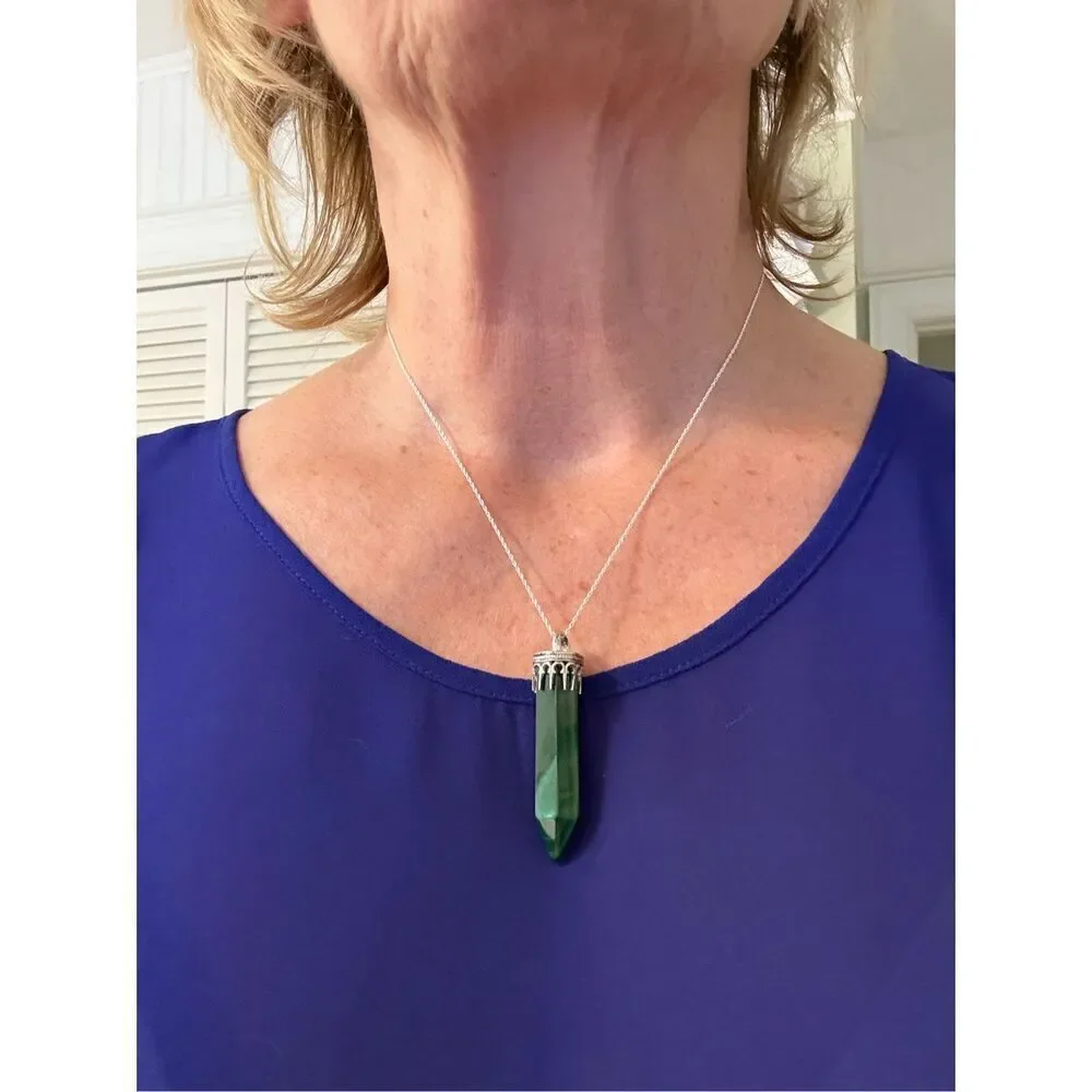 Necklace, Green Malachite Crystal Pendant, Sterling Silver, Handmade, Artisan,